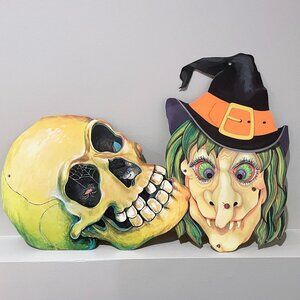 Vintage Die Cut Halloween Decorations EUREKA Skull and Witch Set of 2